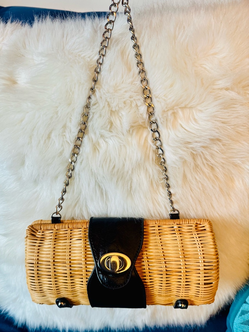 Woven Shoulder Bag with Black Leather Flap and Silver Chain
